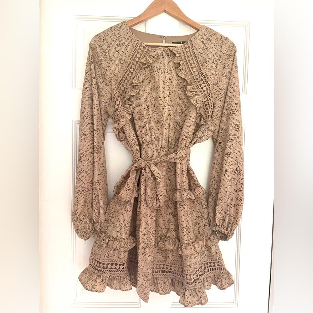 Tan Long Sleeve Ruffle Mini Dress
